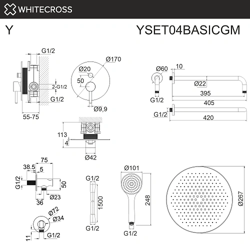 Душевая система WHITECROSS Y YSET04BASICGM скрытого монтажа, оружейная сталь Душевая система WHITECROSS Y YSET04BASICGM скрытого монтажа, оружейная сталь