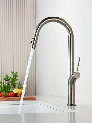 Смеситель для кухни AQUAme Cucina AQM9905BN с выдвижным изливом, с подключением к фильтру с питьевой водой, никель шлифованный Смеситель для кухни AQUAme Cucina AQM9905BN с выдвижным изливом, с подключением к фильтру с питьевой водой, никель шлифованный