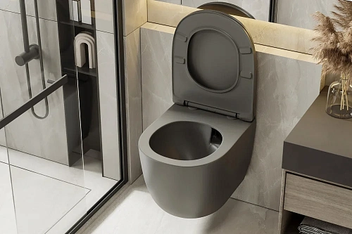 Унитаз подвесной ABBER Bequem AC1101TMG серый матовый, безободковый, смыв торнадо Унитаз подвесной ABBER Bequem AC1101TMG серый матовый, безободковый, смыв торнадо