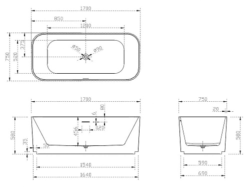 Ванна отдельностоящая ABBER AB9363-1.7 170x75 универсальная, белая акриловая Ванна отдельностоящая ABBER AB9363-1.7 170x75 универсальная, белая акриловая