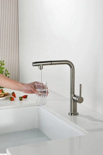 Смеситель для кухни AQUAme Cucina AQM9903BN с выдвижным изливом, с подключением к фильтру с питьевой водой, никель шлифованный Смеситель для кухни AQUAme Cucina AQM9903BN с выдвижным изливом, с подключением к фильтру с питьевой водой, никель шлифованный