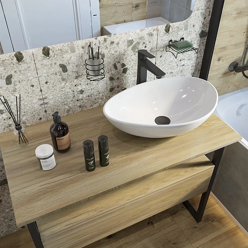 Тумба с раковиной DIWO Элиста 100 светлое дерево с раковиной Moduo 55 Leaf, чёрный муар 573392 Тумба с раковиной DIWO Элиста 100 светлое дерево с раковиной Moduo 55 Leaf, чёрный муар 573392