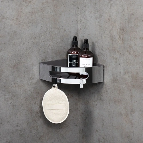 Полка Lemark SHELF LINE угловая с крючками, хром/вставка-пластик графит 9771046 Полка Lemark SHELF LINE угловая с крючками, хром/вставка-пластик графит 9771046