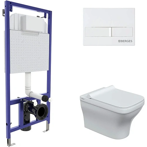 Комплект унитаза BERGES Strati Rimless с инсталляцией NOVUM кнопкой L1 белой, сидение дюропласт Stra 042452 Комплект унитаза BERGES Strati Rimless с инсталляцией NOVUM кнопкой L1 белой, сидение дюропласт Stra 042452
