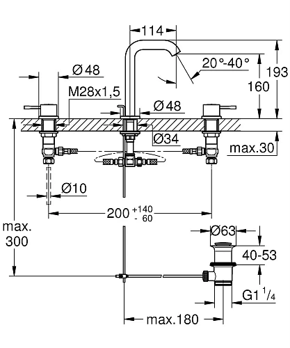 Смеситель для раковины GROHE Essence+ на 3 отверстия с донным клапаном, хром (20296001) Смеситель для раковины GROHE Essence+ на 3 отверстия с донным клапаном, хром (20296001)