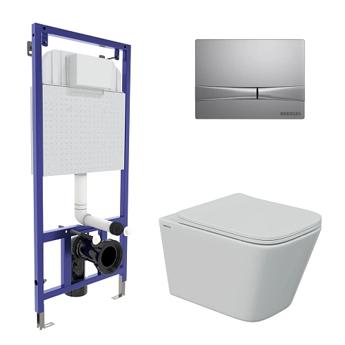 Комплект инсталляции BERGES NOVUM525, с клавишей смыва F2 матовый хром, унитазом FLOE S Rimless и сиденьем Floe S Slim SO, микролифт, быстросъем 043248 Комплект инсталляции BERGES NOVUM525, с клавишей смыва F2 матовый хром, унитазом FLOE S Rimless и сиденьем Floe S Slim SO, микролифт, быстросъем 043248
