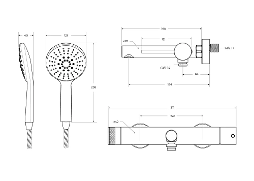 Смеситель для ванны CEZARES RELAX-VD-BORO с ручным душем, шлангом и держателем, брашированное золото Смеситель для ванны CEZARES RELAX-VD-BORO с ручным душем, шлангом и держателем, брашированное золото