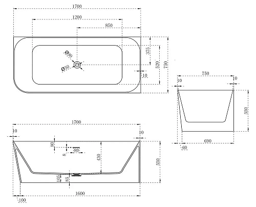 Ванна из искусственного камня ABBER AS9621-1.7 R 170x75 правосторонняя, белая матовая, искусственный камень Ванна из искусственного камня ABBER AS9621-1.7 R 170x75 правосторонняя, белая матовая, искусственный камень