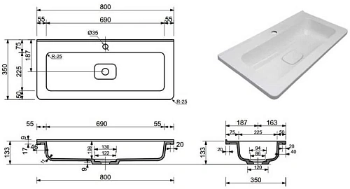 Раковина Style Line Каре Люкс МИНИ 800х350 СС-00002297 Раковина Style Line Каре Люкс МИНИ 800х350 СС-00002297
