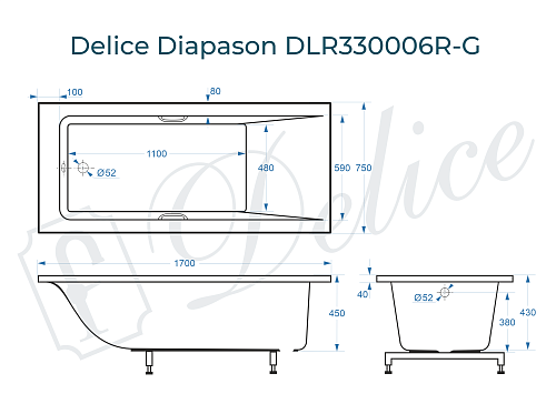 Ванна из искусственного камня Delice Diapason 170х75 DLR330006R-G с ручками хром, глянцевая Ванна из искусственного камня Delice Diapason 170х75 DLR330006R-G с ручками хром, глянцевая