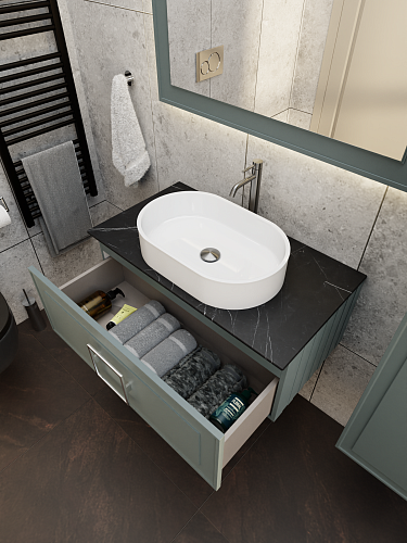 Тумба под раковину La Fenice Cubo Grigio 80 NFNC-01-CUB-G-80-2-GB серо-зеленая матовая с белой ручкой и черной столешницей Тумба под раковину La Fenice Cubo Grigio 80 NFNC-01-CUB-G-80-2-GB серо-зеленая матовая с белой ручкой и черной столешницей