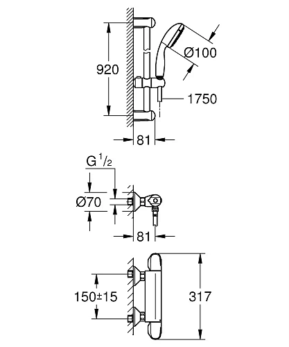 Смеситель для душа GROHE Grohtherm 1000, с душевым гарнитуром, хром (34824004) термостат Смеситель для душа GROHE Grohtherm 1000, с душевым гарнитуром, хром (34824004) термостат