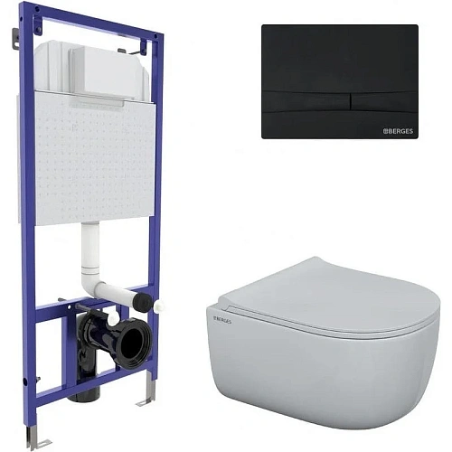 Комплект унитаза BERGES EGO Rimless с инсталляцией NOVUM525, кнопкой F5 черной Soft Touch сидение дю 047255 Комплект унитаза BERGES EGO Rimless с инсталляцией NOVUM525, кнопкой F5 черной Soft Touch сидение дю 047255