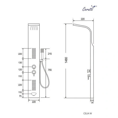 Душевая панель Ceruttispa CELIA S CT10403 из нержавеющей стали с форсунками, хром Душевая панель Ceruttispa CELIA S CT10403 из нержавеющей стали с форсунками, хром