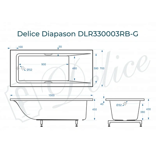 Ванна из искусственного камня Delice Diapason 150х75 DLR330014RB-G с черными ручками, глянцевая Ванна из искусственного камня Delice Diapason 150х75 DLR330014RB-G с черными ручками, глянцевая