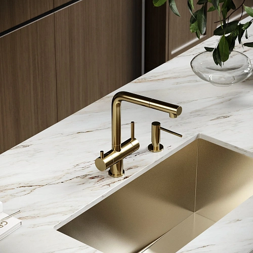 Смеситель для кухни SANCOS Spin SC4015BG с вытяжным изливом, c краном для фильтрованной воды брашированное золото Смеситель для кухни SANCOS Spin SC4015BG с вытяжным изливом, c краном для фильтрованной воды брашированное золото