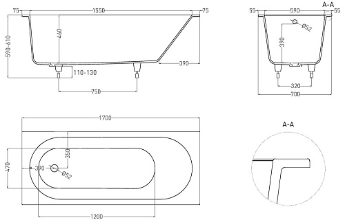 Ванна из искусственного камня Salini ORNELLA 170х70 102313G S-Sense Ванна из искусственного камня Salini ORNELLA 170х70 102313G S-Sense