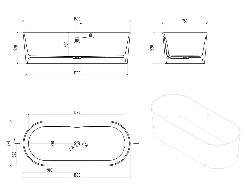 Ванна отдельностоящая ABBER AS9614 180x75 универсальная, белая матовая, искусственный камень Ванна отдельностоящая ABBER AS9614 180x75 универсальная, белая матовая, искусственный камень