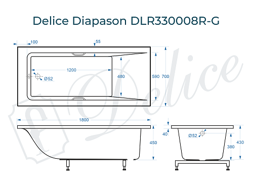 Ванна из искусственного камня Delice Diapason 180х70 DLR330008R-G с ручками хром, глянцевая Ванна из искусственного камня Delice Diapason 180х70 DLR330008R-G с ручками хром, глянцевая