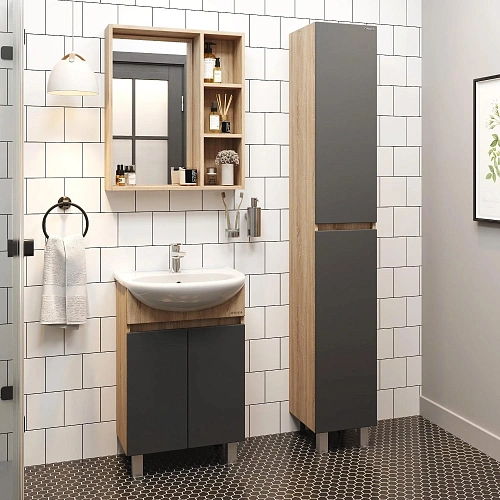 Тумба под раковину Onika Милтон 60 см 106147 напольная, серая/дуб сонома (для Уют 60) Тумба под раковину Onika Милтон 60 см 106147 напольная, серая/дуб сонома (для Уют 60)