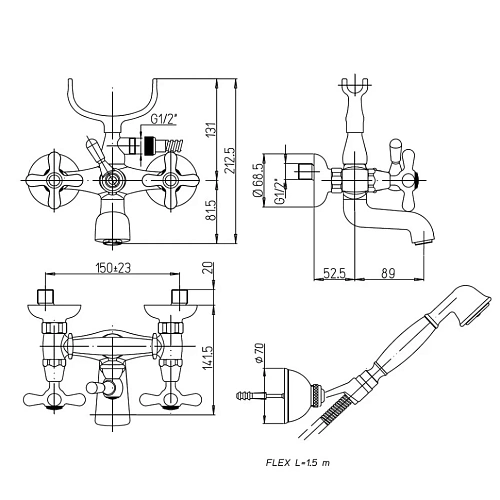 Смеситель для ванны Paini Liberty 17CR105KM с аксессуаром Смеситель для ванны Paini Liberty 17CR105KM с аксессуаром