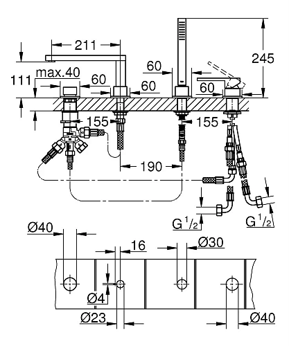 Смеситель на борт ванны GROHE Plus (29307003) на 4 отверстия Смеситель на борт ванны GROHE Plus (29307003) на 4 отверстия