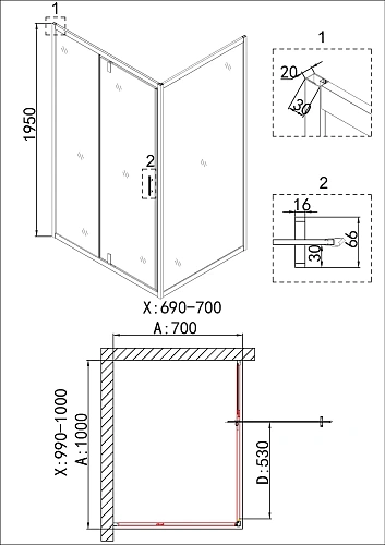 Душевой уголок Niagara Nova NG-43-10AG-A70G (100x70x195) прямоугольная, дверь распашная Душевой уголок Niagara Nova NG-43-10AG-A70G (100x70x195) прямоугольная, дверь распашная