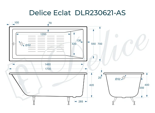 Ванна чугунная Delice Eclat 1700х700 с антискользящим покрытием DLR230621-AS Ванна чугунная Delice Eclat 1700х700 с антискользящим покрытием DLR230621-AS