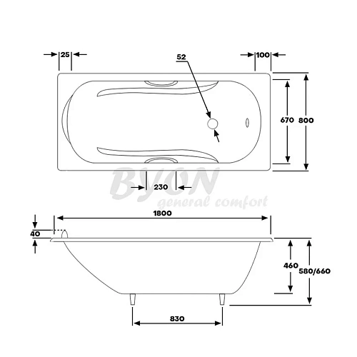 Ванна чугунная Byon Christa 180 x 80 см с ручками, прямоугольная, белый, Н0000307 Ванна чугунная Byon Christa 180 x 80 см с ручками, прямоугольная, белый, Н0000307