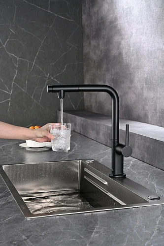 Смеситель для кухни AQUAme Cucina AQM9903MB с выдвижным изливом, с подключением к фильтру с питьевой водой, черный матовый Смеситель для кухни AQUAme Cucina AQM9903MB с выдвижным изливом, с подключением к фильтру с питьевой водой, черный матовый