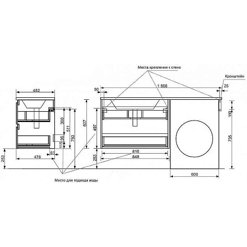Тумба с раковиной Эстет Dallas Luxe ФР-00009685 1500х482 2 ящика левая, подвесная Тумба с раковиной Эстет Dallas Luxe ФР-00009685 1500х482 2 ящика левая, подвесная