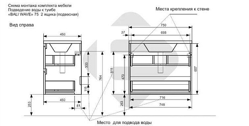 Тумба с раковиной Эстет Bali Wave 105 ФР-00018126 750х450 подвесная 2 ящика Тумба с раковиной Эстет Bali Wave 105 ФР-00018126 750х450 подвесная 2 ящика