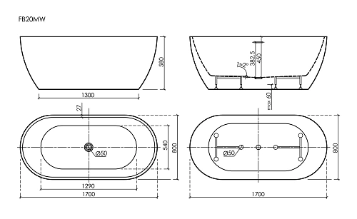 Акриловая ванна SANCOS Leaf FB20MW 1700x800x580, отдельностоящая, овальная, с каркасом, со сливом-переливом, донным клапаном"сlick-сlack", белый матовый Акриловая ванна SANCOS Leaf FB20MW 1700x800x580, отдельностоящая, овальная, с каркасом, со сливом-переливом, донным клапаном"сlick-сlack", белый матовый
