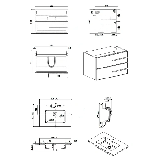 Тумба с раковиной Parly Spa Bella70 подвесная 700x480x525 Тумба с раковиной Parly Spa Bella70 подвесная 700x480x525