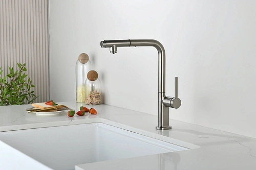 Смеситель для кухни AQUAme Cucina AQM9903BN с выдвижным изливом, с подключением к фильтру с питьевой водой, никель шлифованный Смеситель для кухни AQUAme Cucina AQM9903BN с выдвижным изливом, с подключением к фильтру с питьевой водой, никель шлифованный