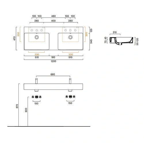 Раковина Catalano Premium 0221220001 двойная 120x47, белый глянцевый Раковина Catalano Premium 0221220001 двойная 120x47, белый глянцевый