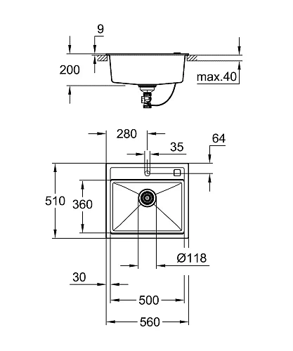 Кухонная мойка GROHE K700 (31651AT0) с одной чашей, 560 x 510 мм, серый гранит Кухонная мойка GROHE K700 (31651AT0) с одной чашей, 560 x 510 мм, серый гранит