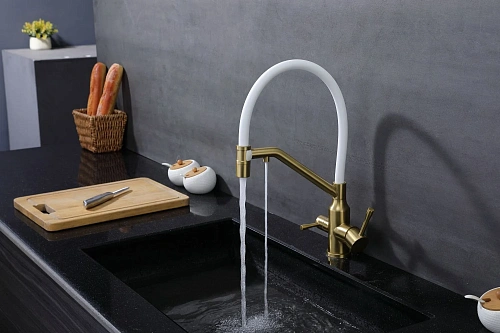 Смеситель для кухни Raglo R81.62.03 с гибким изливом с подключением к фильтру, золотой сатин Смеситель для кухни Raglo R81.62.03 с гибким изливом с подключением к фильтру, золотой сатин