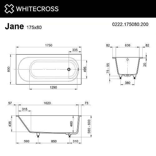 Ванна из искусственного камня WHITECROSS Jane 175x80 0222.175080.200 Solid Surface белый матовый Ванна из искусственного камня WHITECROSS Jane 175x80 0222.175080.200 Solid Surface белый матовый