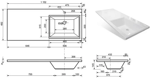Раковина Эстет Dallas silk ФР-00014934 правая 1150х480 накладная Раковина Эстет Dallas silk ФР-00014934 правая 1150х480 накладная