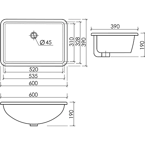 Раковина Ceramica Nova Era CN6082 встраиваемая снизу 600x390x190 мм белый Раковина Ceramica Nova Era CN6082 встраиваемая снизу 600x390x190 мм белый