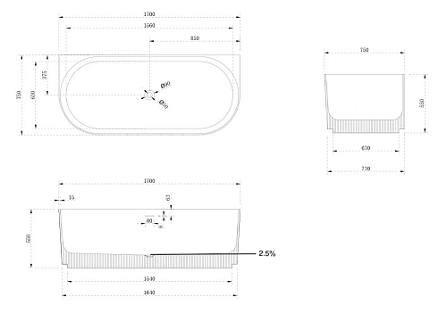 Ванна из искусственного камня ABBER AS9630 170x75 универсальная, белая матовая, искусственный камень Ванна из искусственного камня ABBER AS9630 170x75 универсальная, белая матовая, искусственный камень