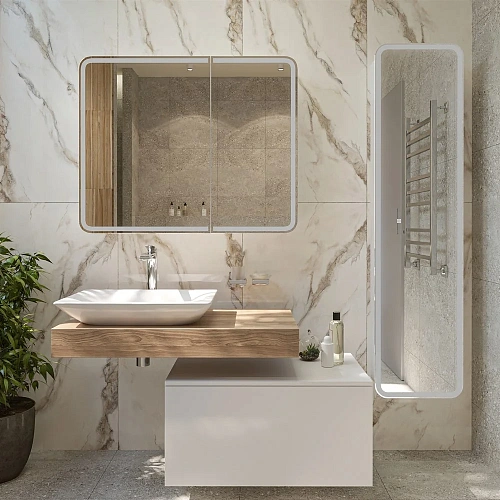 Зеркальный шкаф STWORKI Ольборг МВК080 100, с подсветкой, навесное, белое, большое, в стиле лофт, с 541614 Зеркальный шкаф STWORKI Ольборг МВК080 100, с подсветкой, навесное, белое, большое, в стиле лофт, с 541614