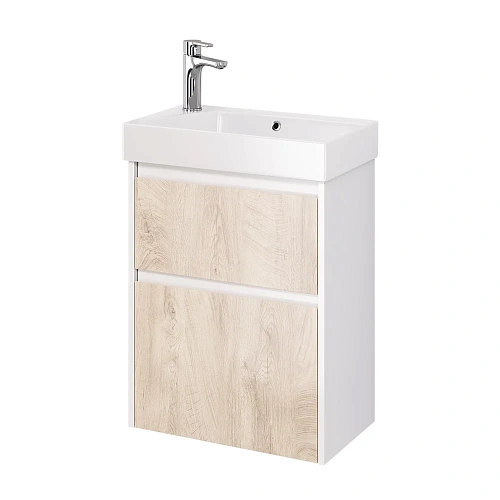 Тумба под раковину DREJA SLIM, 55 см, подвесная/напольная, 2 ящика, белый глянец / дуб кантри 99.050 99.0500 Тумба под раковину DREJA SLIM, 55 см, подвесная/напольная, 2 ящика, белый глянец / дуб кантри 99.050 99.0500