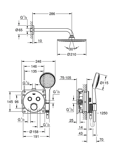 Душевая система GROHE Grohtherm SmartControl встраиваемая, хром (34743000) Душевая система GROHE Grohtherm SmartControl встраиваемая, хром (34743000)