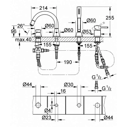 Смеситель на борт ванны GROHE Grandera на 4 отверстия, холодный рассвет глянец (19936GL0) Смеситель на борт ванны GROHE Grandera на 4 отверстия, холодный рассвет глянец (19936GL0)