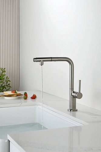 Смеситель для кухни AQUAme Cucina AQM9903BN с выдвижным изливом, с подключением к фильтру с питьевой водой, никель шлифованный Смеситель для кухни AQUAme Cucina AQM9903BN с выдвижным изливом, с подключением к фильтру с питьевой водой, никель шлифованный