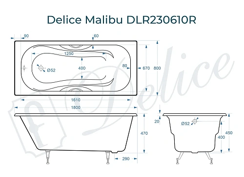 Ванна чугунная Delice Malibu 1800х800 с отверстиями под ручки DLR230610R Ванна чугунная Delice Malibu 1800х800 с отверстиями под ручки DLR230610R