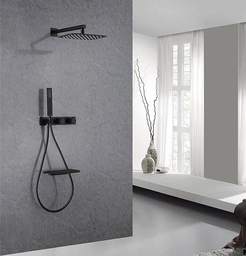 Душевая система ABBER Rund AF8750B скрытого монтажа с изливом, термостат, черная матовая Душевая система ABBER Rund AF8750B скрытого монтажа с изливом, термостат, черная матовая