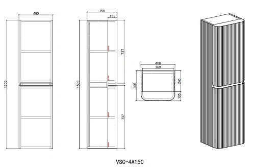 Шкаф-пенал Vincea Alto VSC-4A150MG-R подвесной, правый, 1500x404x350, светло-серый матовый Шкаф-пенал Vincea Alto VSC-4A150MG-R подвесной, правый, 1500x404x350, светло-серый матовый